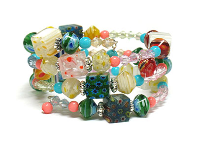 Multi shape and color bead coiled flexible bracelet