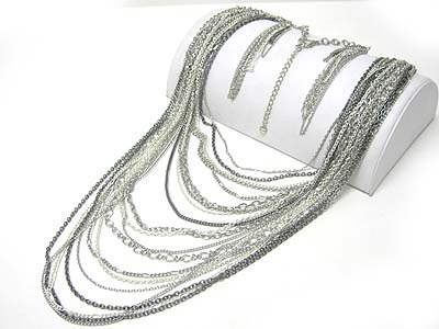 Multi line mixed chain long necklace earring set