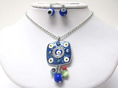 Evil eye theme square enamel metal pendant and mixed ball drop necklace earring set