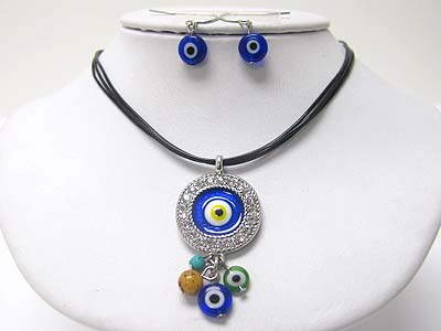 Evil eye theme round enamel metal pendant and mixed ball drop necklace earring set