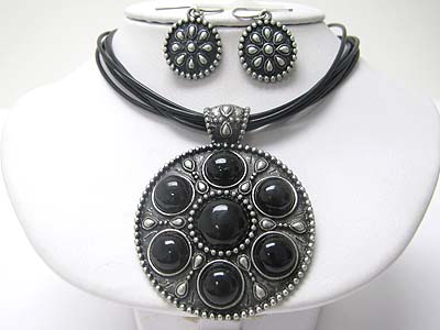 Natural stone stud round metal medallion cord necklace earring set