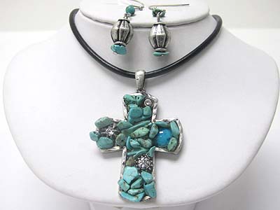 Natural chip stone and metal deco cross pendant cord necklace earring set