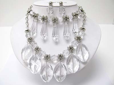 Rock crystal double layer look ice beads dangle necklace earring set