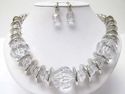 Rock crystal double layer look ice beads and metal ring necklace earring set