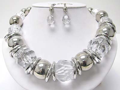 Rock crystal double layer look ice beads and metal ball necklace earring set