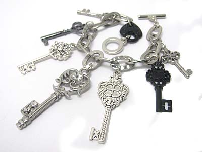 Crystal stud mixed metal key dangle toggle bracelet