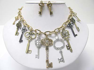 Crystal stud mixed metal key dangle necklace earring set