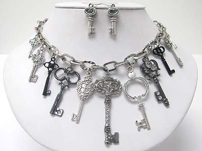 Crystal stud mixed metal key dangle necklace earring set