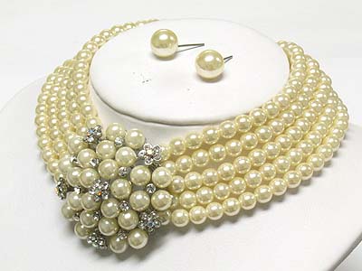 Boutique stylecrystal deco five row pearl beads neckalce and earring set