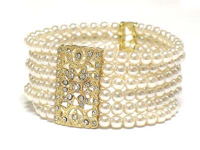 Crystal deco multi row pearl beads stretch bracelet