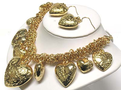 Filigree puff metal heart dangle and cluster chain necklace and earring set