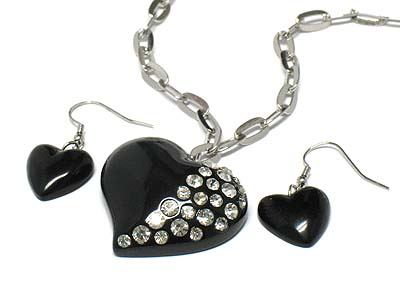 Half crystal acryl heart necklace and earring set -valentine