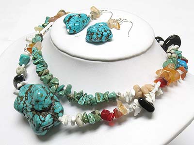 Turquoise and mixed natural stone long neckalce and earring set