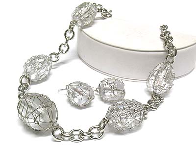 Wrapped glass stone and chain link neckalce and earring set