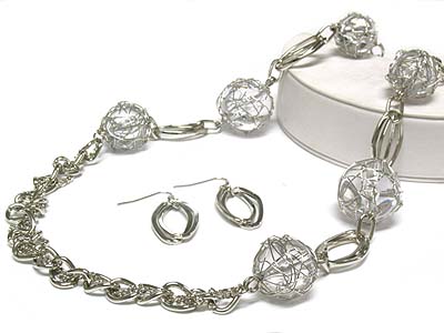 Wrapped glass stone and long chain link neckalce and earring set