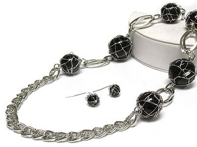 Wrapped glass stone and long chain link neckalce and earring set