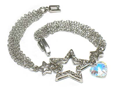 Crystal star and heart dangle multi chain link bracelet