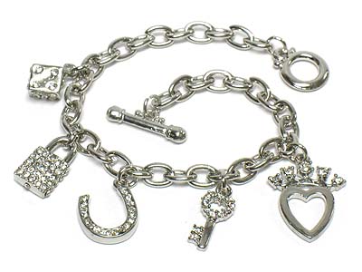 Crystal multi lucky charm dangle multi chain link bracelet