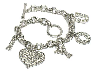 Crystal love theme heart charm dangle toggle bracelet