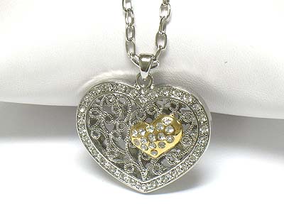 Crystal and metal filigree heart in heart pendant necklace