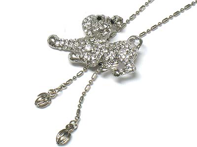 Crystal deco dog with two row dangles pendant necklace