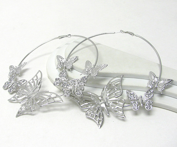 Crystal deco multi butterfly link large wire hoop earring - hoops