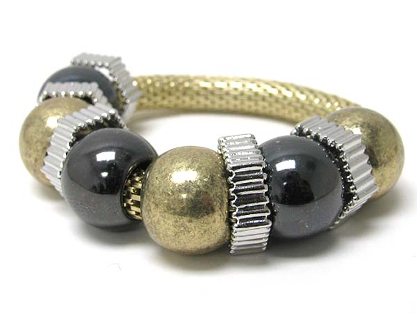 Multi metal ball and hexa ring link stretch bracelet