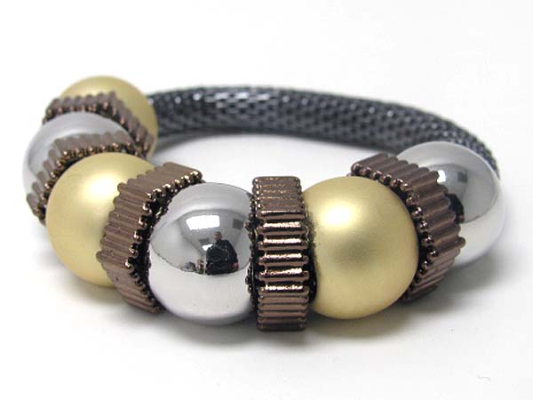 Multi metal ball and hexa ring link stretch bracelet