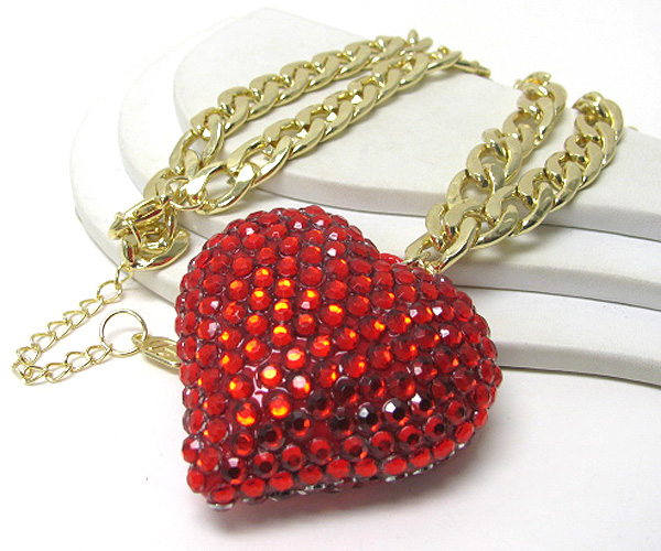 Large crystal heart pendant chain long necklace