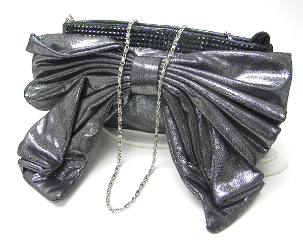 Large ribbon accent and crystal deco zipper top bag - detachable chain strap