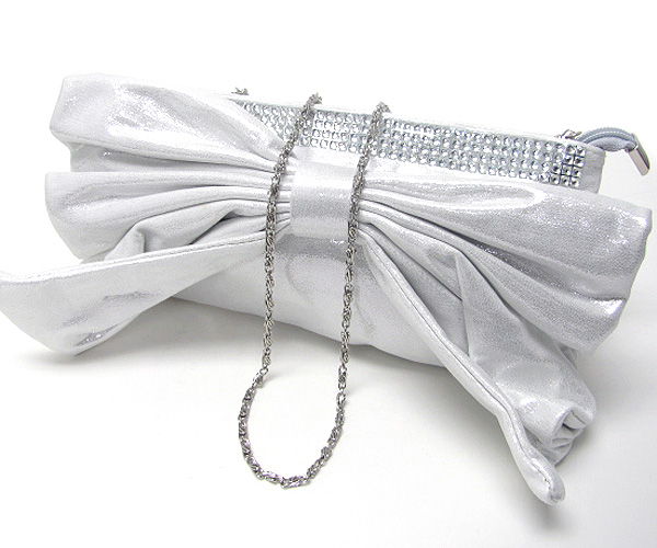 Large ribbon accent and crystal deco zipper top bag - detachable chain strap