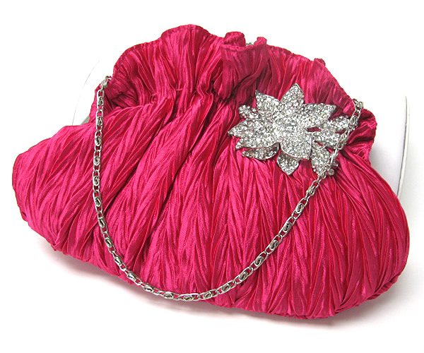 Crystal stud flower accent satin clutch bag - detachable chain strap