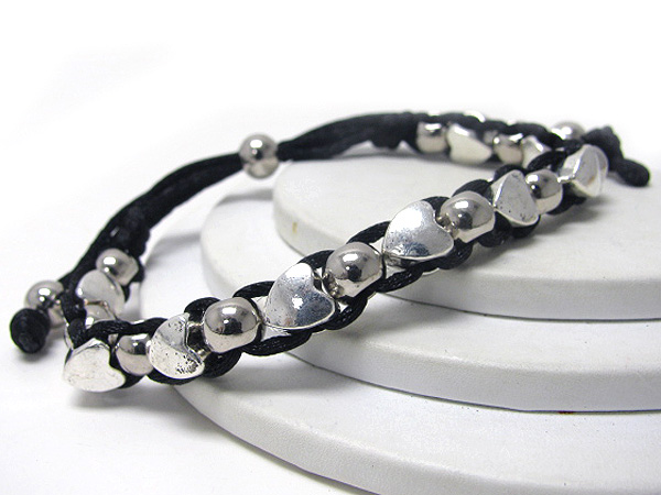 Multi metal ball and heart cord link bracelet