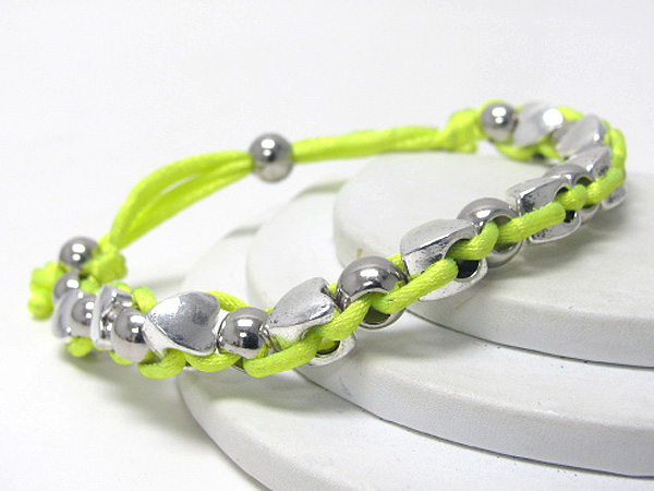 Multi metal ball and heart cord link bracelet