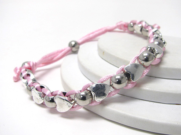 Multi metal ball and heart cord link bracelet