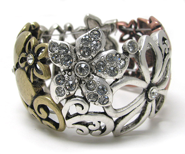 Crystal stud multi metal flower stretch bracelet