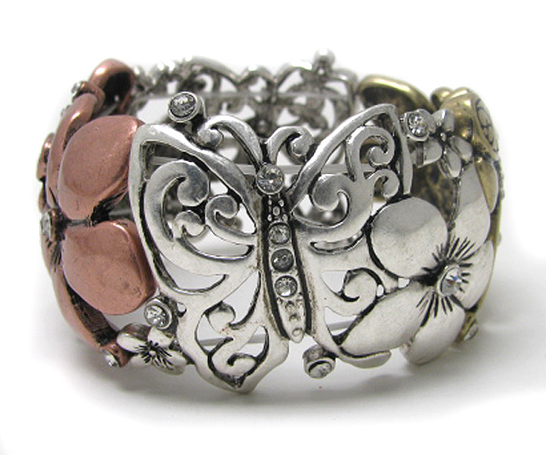 Crystal stud multi metal butterfly and flower stretch bracelet