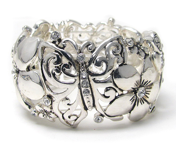 Crystal stud multi metal butterfly and flower stretch bracelet