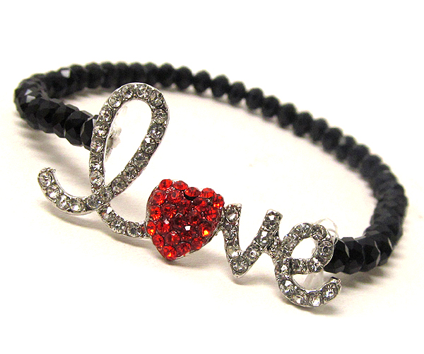 Crystal love theme and heart with crystal glass beads stretch bracelet