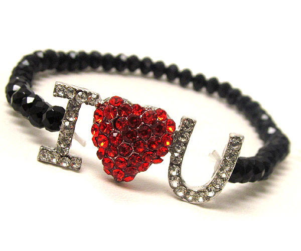 Crystal i love u theme and heart with crystal glass beads stretch bracelet