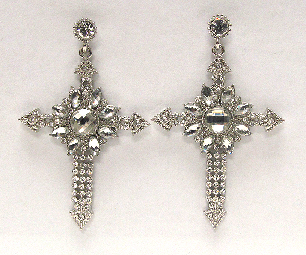 Crystal deco flower center cross earring