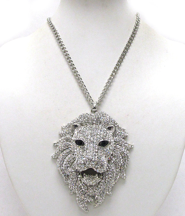 Crystal pave large lion head face pendant necklace