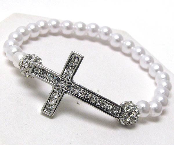 Crystal deco side cross and pearl band stretch bracelet