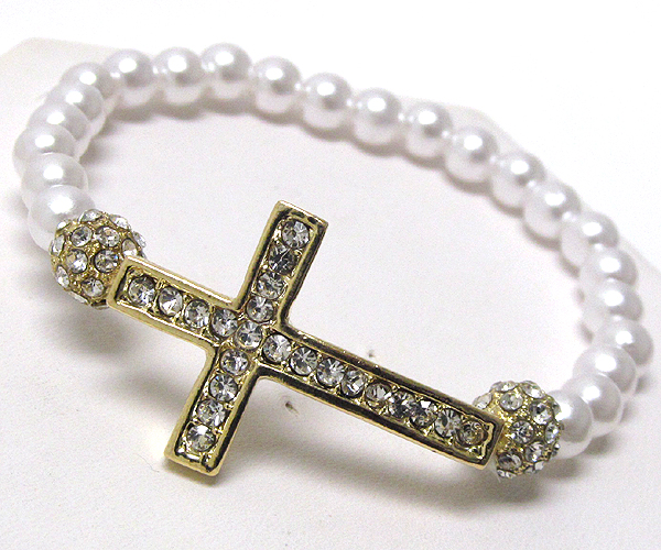 Crystal deco side cross and pearl band stretch bracelet