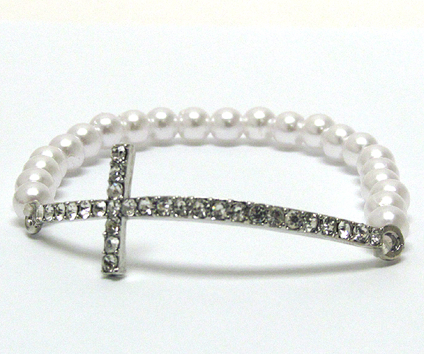 Crystal deco side cross and pearl band stretch bracelet