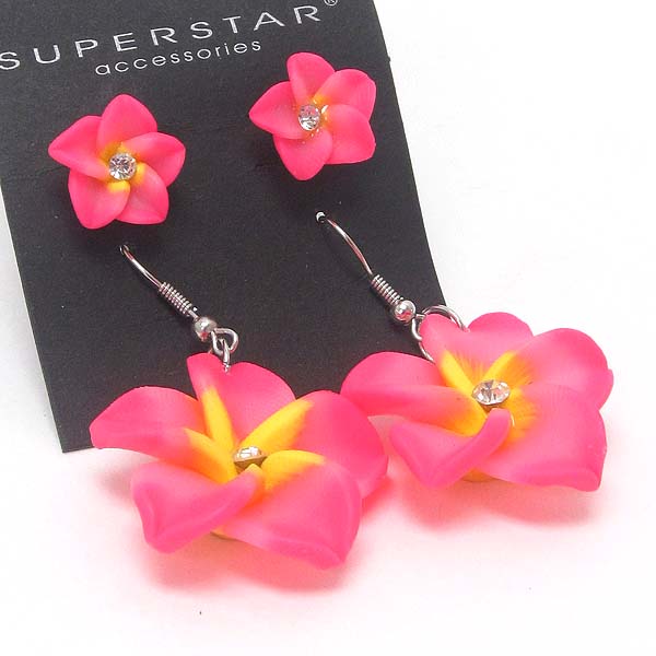 Crystal center hawaiian plumeria flower drop earring