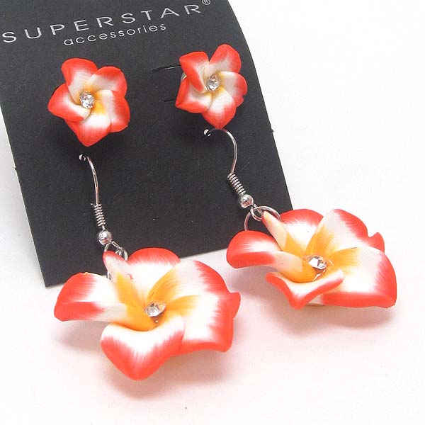 Crystal center hawaiian plumeria flower drop earring