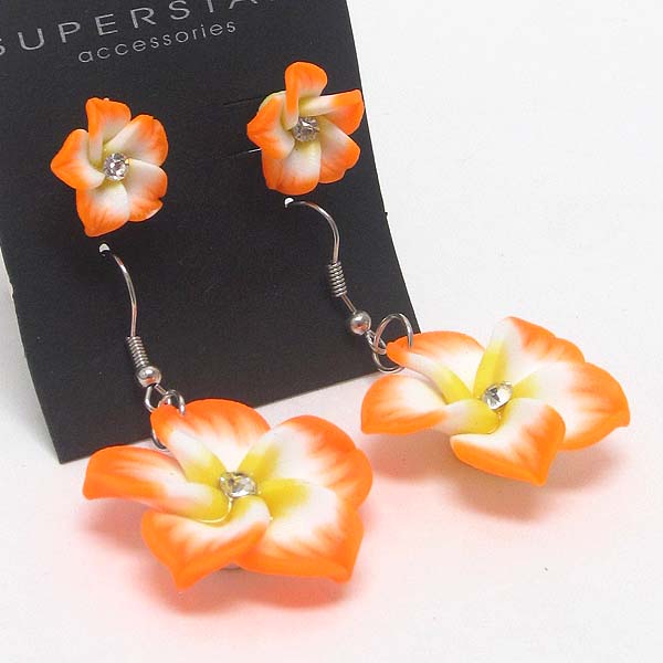 Crystal center hawaiian plumeria flower drop earring