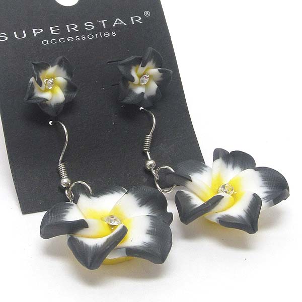 Crystal center hawaiian plumeria flower drop earring