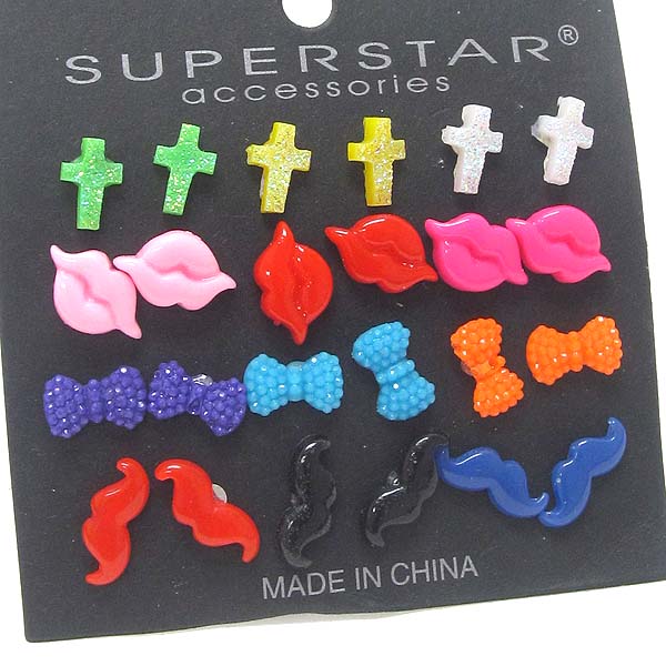 Acrylic cross lip bow mustach earring set of 12 mens jewelry